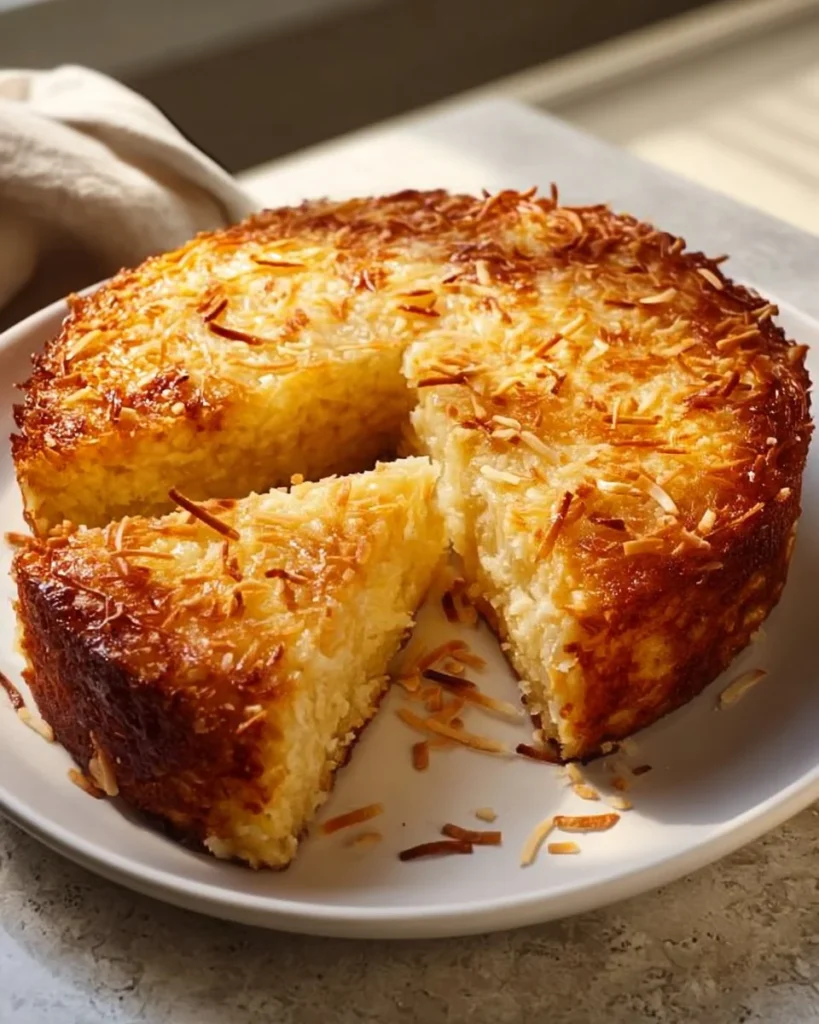 Delicious crustless coconut pie served in a round dish with coconut flakes on top.