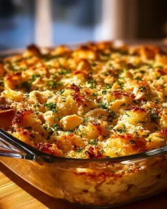 A delicious serving of Dolly's Chicken and Stuffing Casserole in a baking dish.