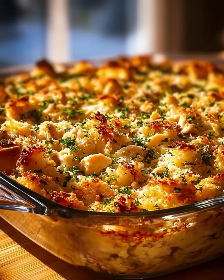A delicious serving of Dolly's Chicken and Stuffing Casserole in a baking dish.