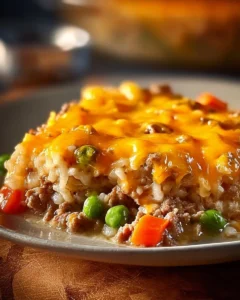 Easy 5-Ingredient Casserole topped with cheese and herbs served in a baking dish.