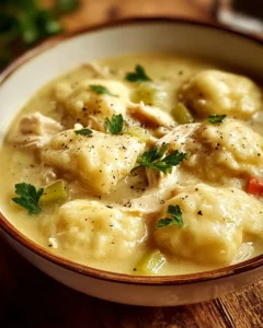 Delicious plate of easy chicken and dumplings ready to serve