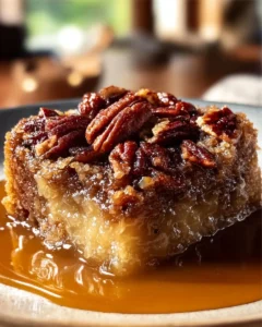 Easy Pecan Pie Dump Cake topped with pecans and caramel sauce