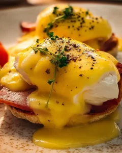 Delicious Eggs Benedict with poached eggs and hollandaise sauce on an English muffin.