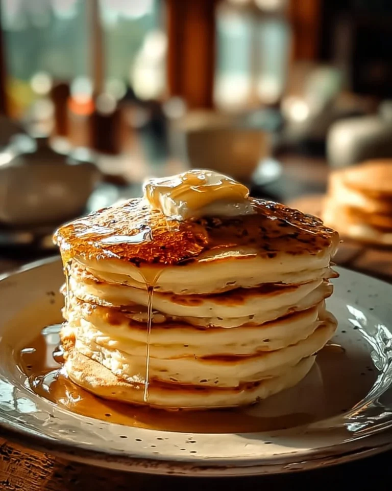 Fluffy buttermilk pancakes stacked with syrup and berries