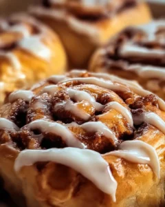 Fluffy homemade cinnamon rolls with cream cheese frosting on a plate.