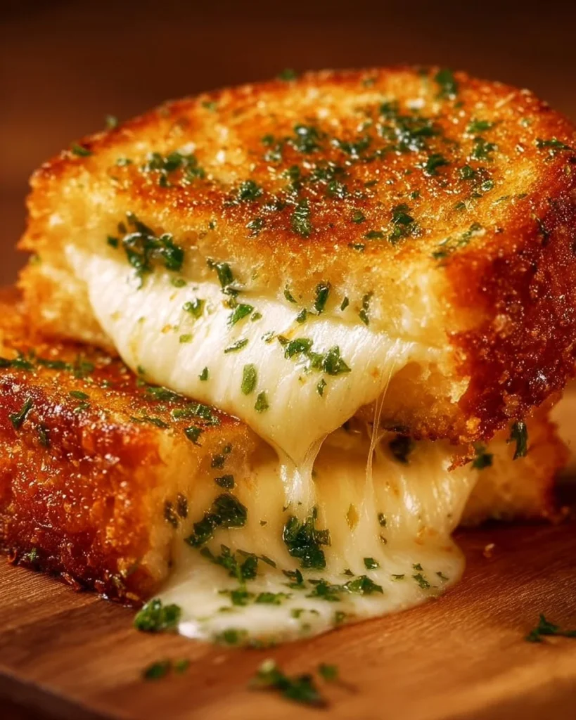 Delicious garlic bread grilled cheese sandwich with melted cheese and crispy crust.