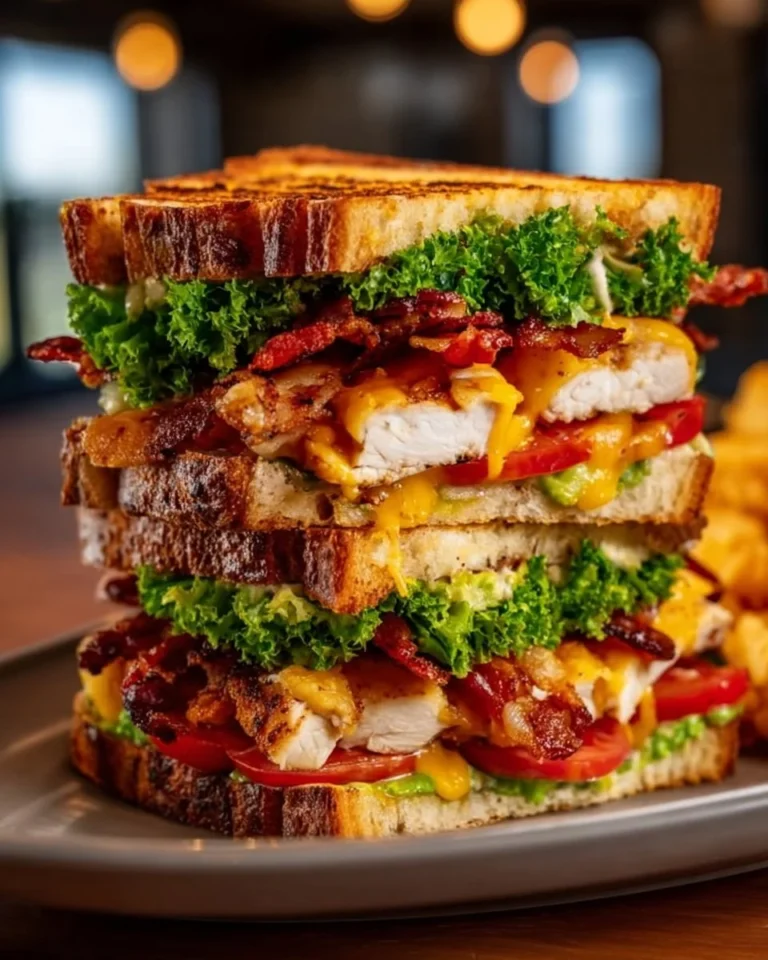 Grilled chicken club sandwich with bacon and fresh vegetables