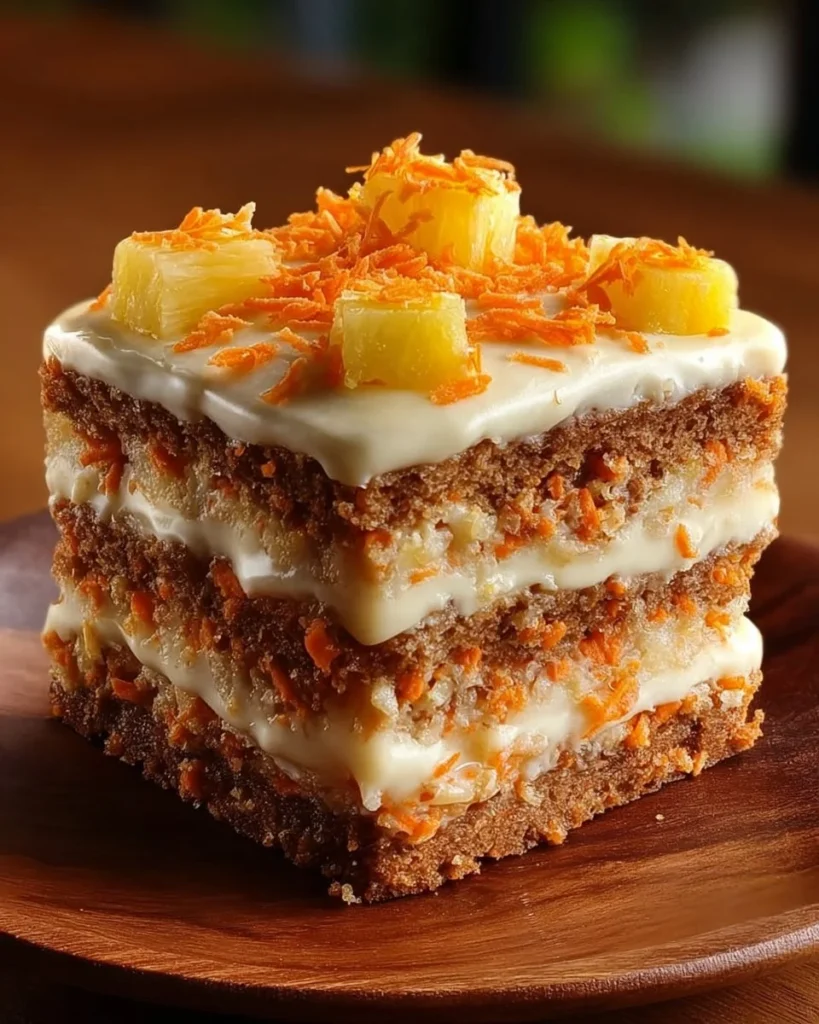Delicious Hawaiian Carrot Pineapple Cake topped with cream cheese frosting