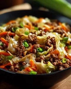 Healthy Chinese ground beef and cabbage stir fry served in a bowl.