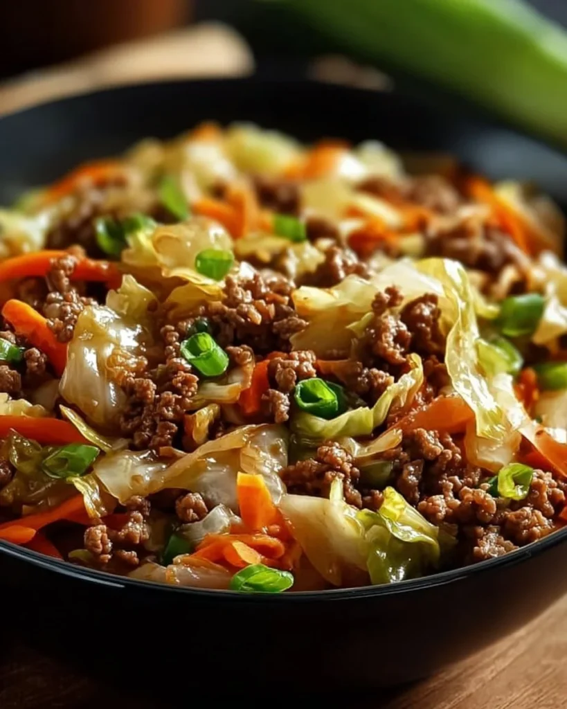 Healthy Chinese ground beef and cabbage stir fry served in a bowl.