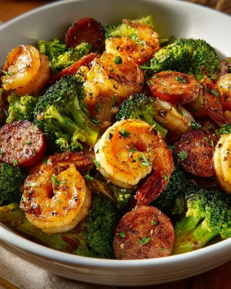 Honey Garlic Shrimp with sausage and broccoli served on a plate