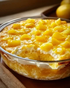 Deliciously moist Pineapple Heaven Cake topped with fresh pineapple slices.