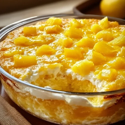 Deliciously moist Pineapple Heaven Cake topped with fresh pineapple slices.