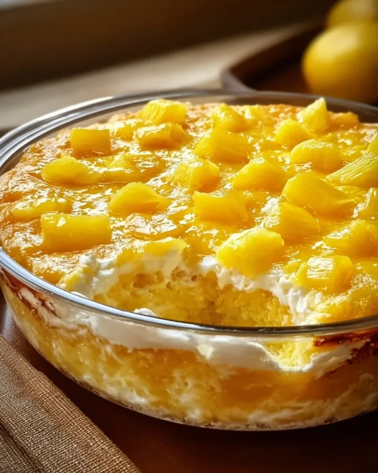 Deliciously moist Pineapple Heaven Cake topped with fresh pineapple slices.