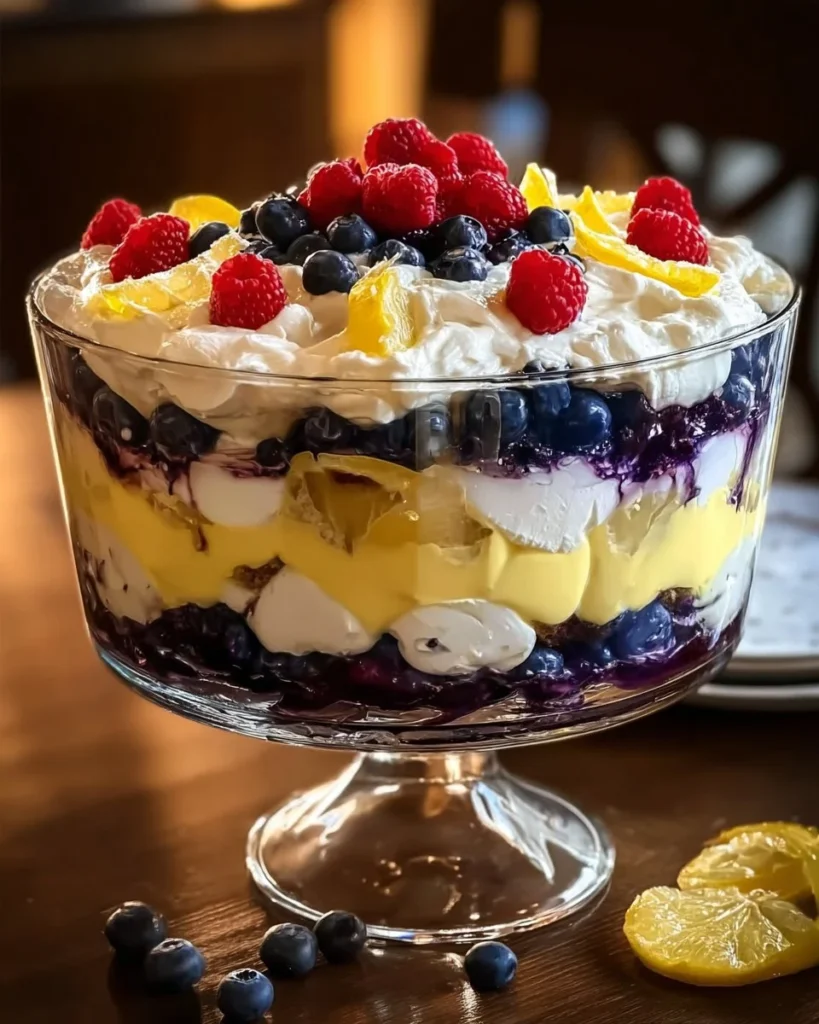 Delicious lemon blueberry trifle layered with lemon custard, blueberries, and cake