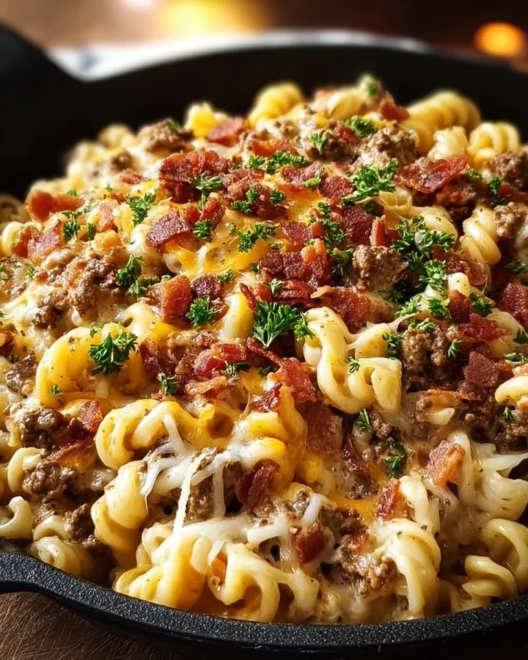 Delicious Loaded Bacon Cheeseburger Pasta Skillet garnished with herbs.