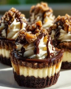 Loaded brownie cheesecake cup with chocolate drizzle and toppings