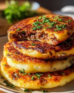 Mashed potato pancakes with savory meat filling on a plate
