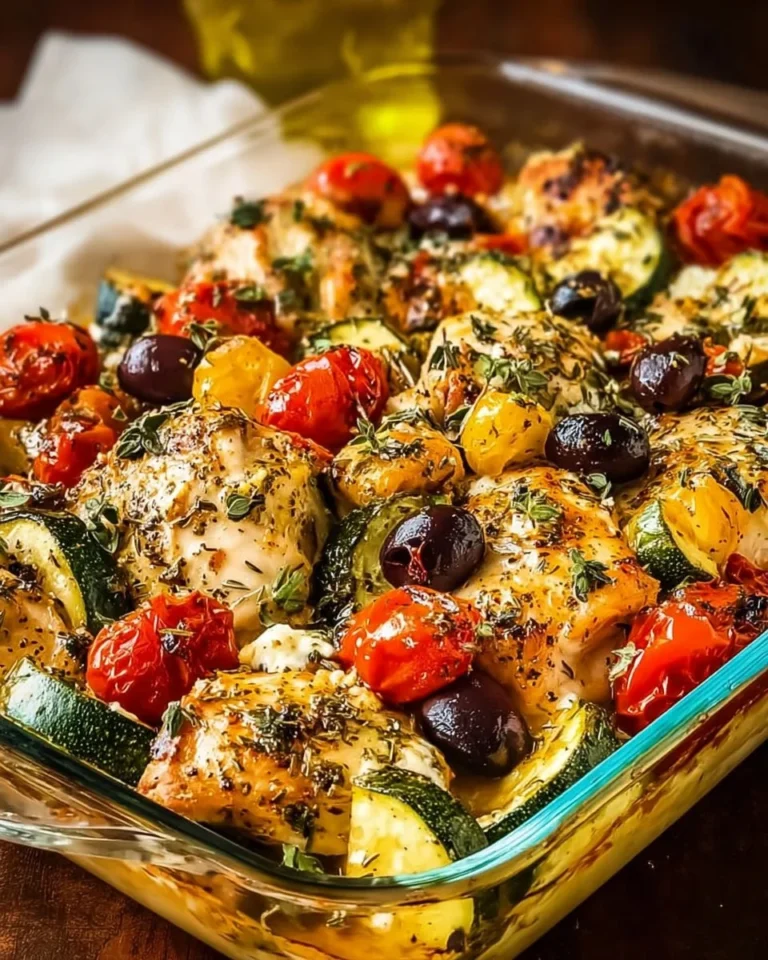 Mediterranean Chicken Zucchini Bake topped with fresh herbs and spices.