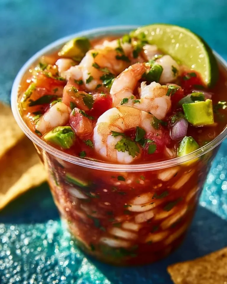 Delicious Mexican shrimp cocktail served in a bowl with fresh ingredients