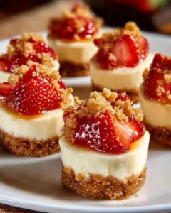 Mini Strawberry Crunch Cheesecake Bites topped with fresh strawberries