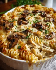 Mushroom and Chicken Alfredo Casserole served in a baking dish