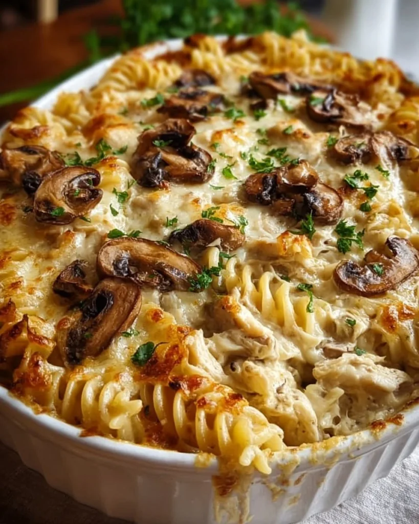 Mushroom and Chicken Alfredo Casserole served in a baking dish