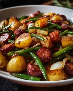 One Pan Sausage Green Beans dish, featuring sausage and fresh green beans