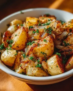 Oven fried potatoes with onions, crispy and golden brown, served on a plate.