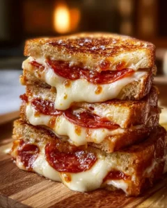 Delicious Pizza Grilled Cheese Sandwich, melted cheese between pizza crusts