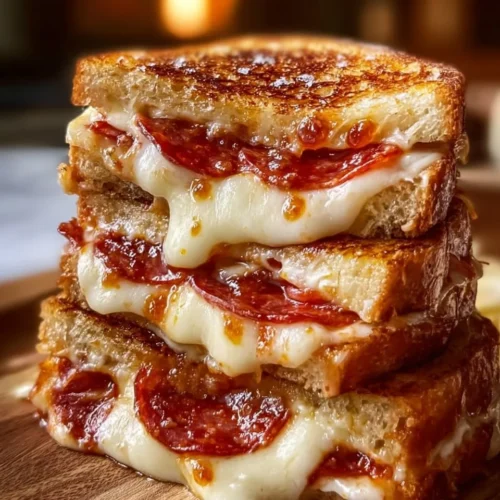 Delicious Pizza Grilled Cheese Sandwich, melted cheese between pizza crusts