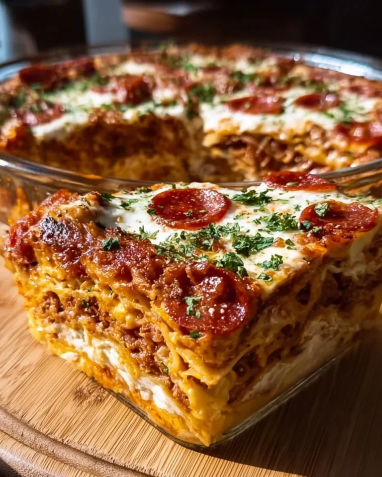 Delicious Pizzagna, an Italian fusion bake of pizza and lasagna, served piping hot.