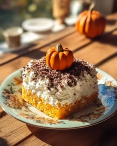 Delicious Pumpkin Patch Poke Cake topped with whipped cream and pumpkin spice.