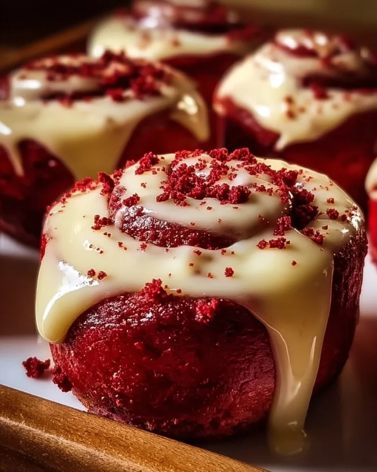 Delicious red velvet cinnamon rolls with cream cheese icing on top