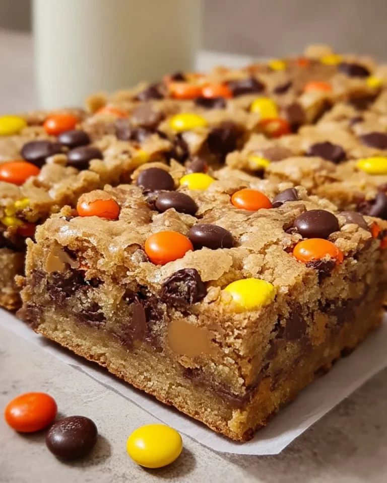 Reece's Pieces Chocolate Chip Cookie Bars topped with colorful candy pieces