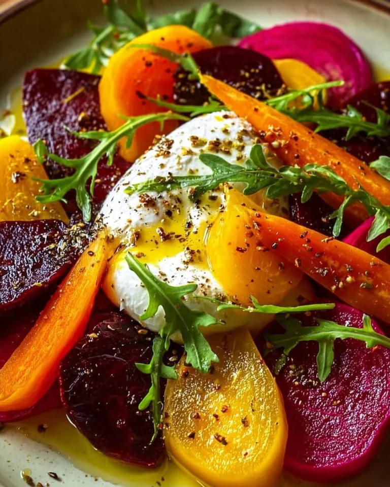 Roasted beets and carrots salad with burrata cheese on a white plate
