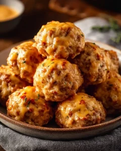 Plate of Rotel Cream Cheese Sausage Balls ready to be served.