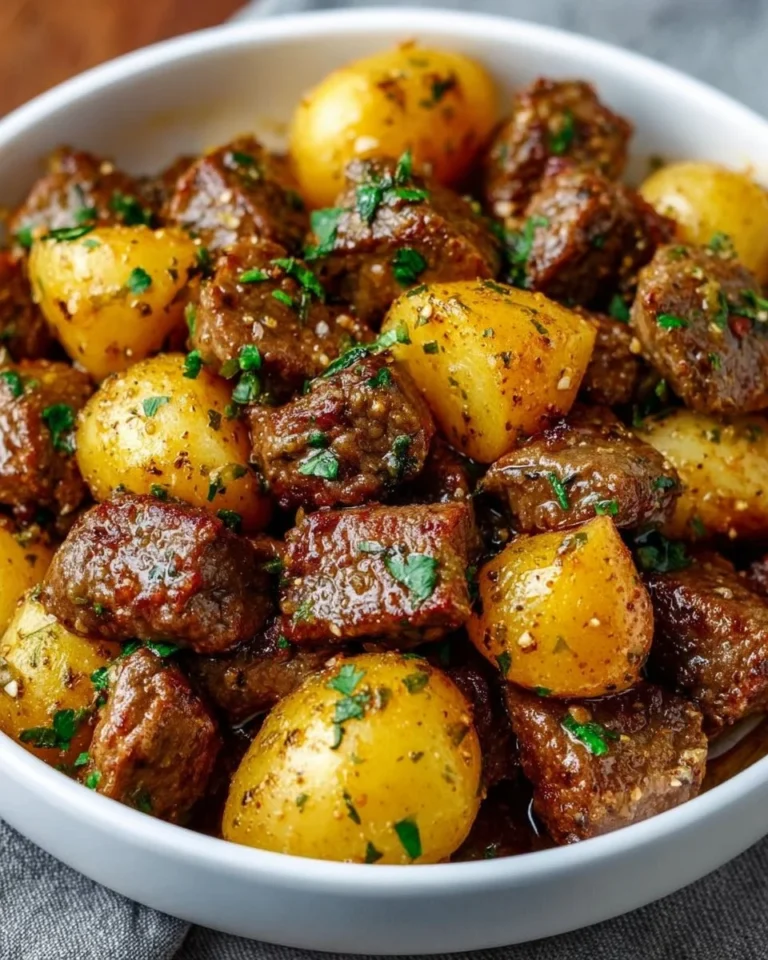 Slow cooker garlic butter beef bites with potatoes in a serving dish