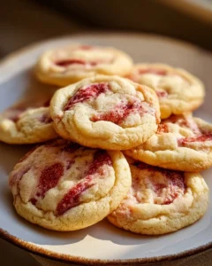 Soft strawberry cheesecake cookies stacked on a plate with fresh strawberries