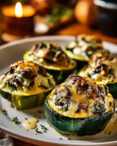 Spinach mushroom ricotta stuffed zucchini baked dish on a plate