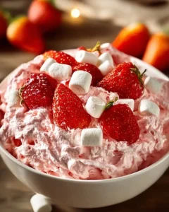 Delicious Strawberry Fluff Salad served in a bowl with fresh strawberries.