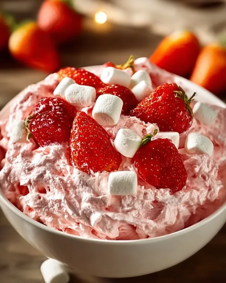Delicious Strawberry Fluff Salad served in a bowl with fresh strawberries.
