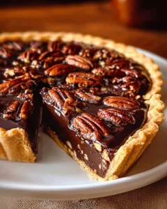 Slice of Texas chocolate pecan pie with chocolate drizzle and pecan topping