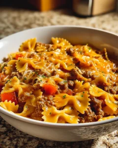 Creamy Velveeta Beef Pasta with Bowtie Noodles served in a bowl