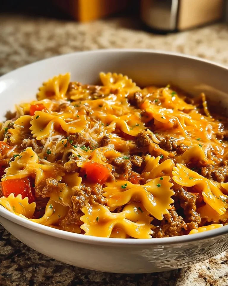 Creamy Velveeta Beef Pasta with Bowtie Noodles served in a bowl