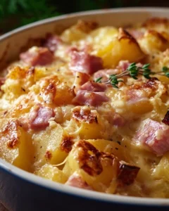 Cheesy ham and potato casserole served in a baking dish with fresh herbs on top