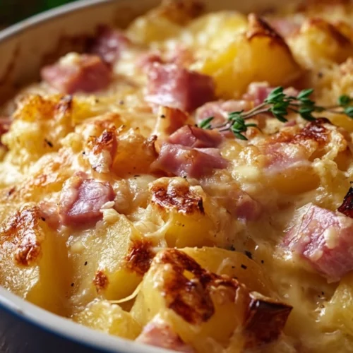 Cheesy ham and potato casserole served in a baking dish with fresh herbs on top