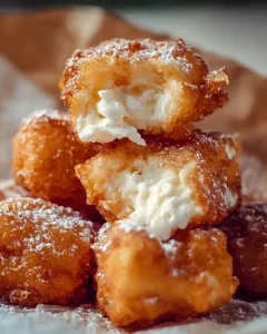 Plate of crispy deep fried marshmallows coated in powdered sugar