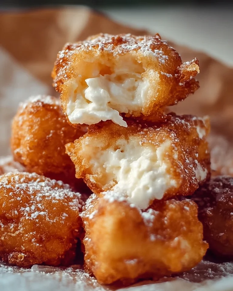 Plate of crispy deep fried marshmallows coated in powdered sugar