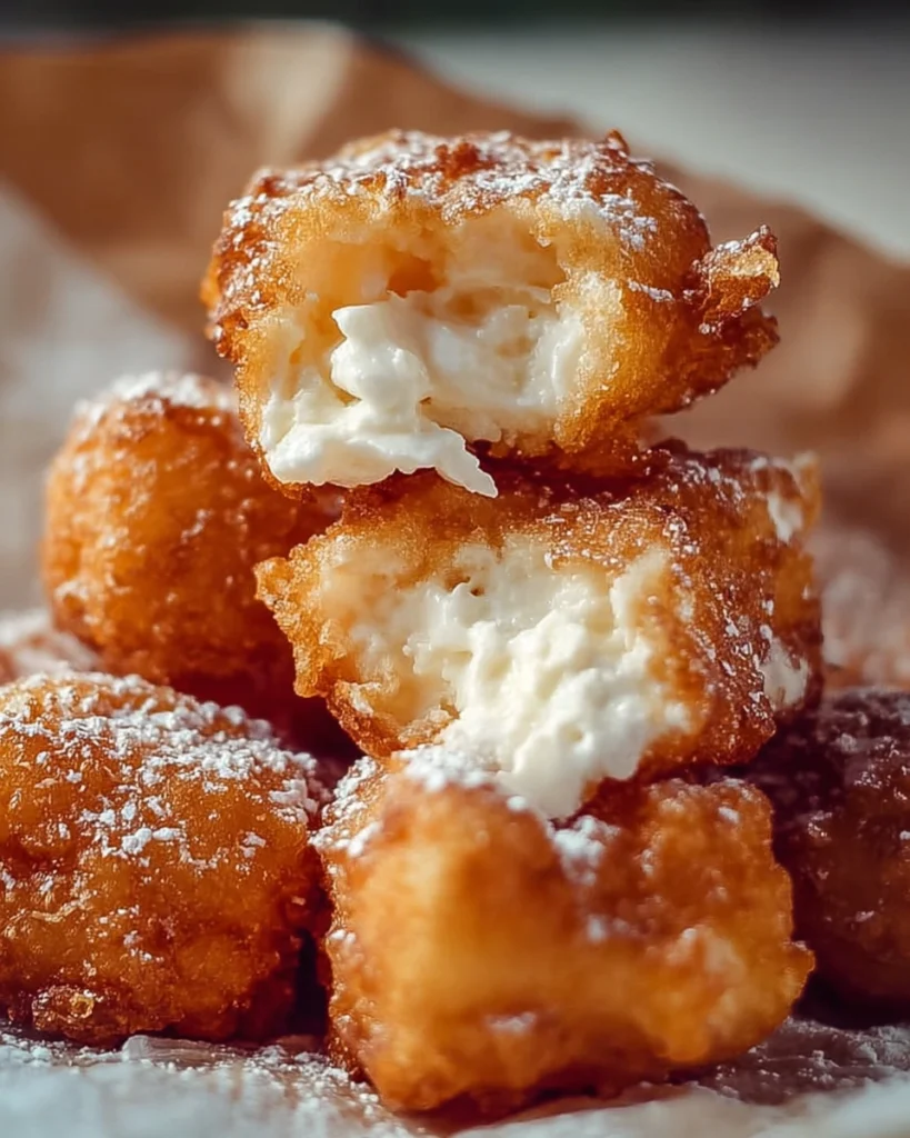 Plate of crispy deep fried marshmallows coated in powdered sugar
